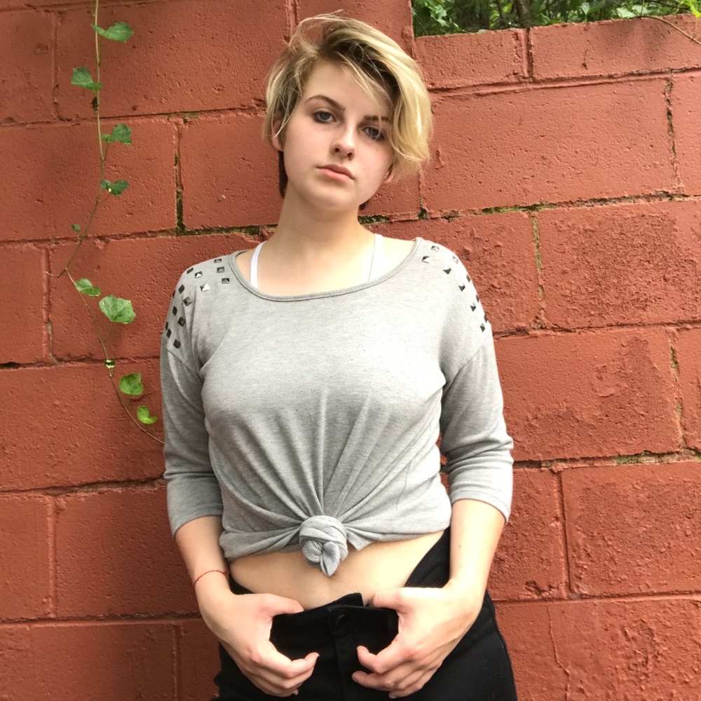 Soft grey studded shoulder top